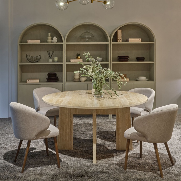 MIKAEL Mesa de comedor redonda de diseño moderno 150 mármol travertino beige