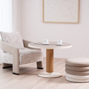 34AC25588 Mesa redonda LOUNGE diseño moderno 90 porcelánico y fresno