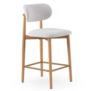 11681 Taburete alto de diseño nórdico madera de roble natural y tapizado blanco