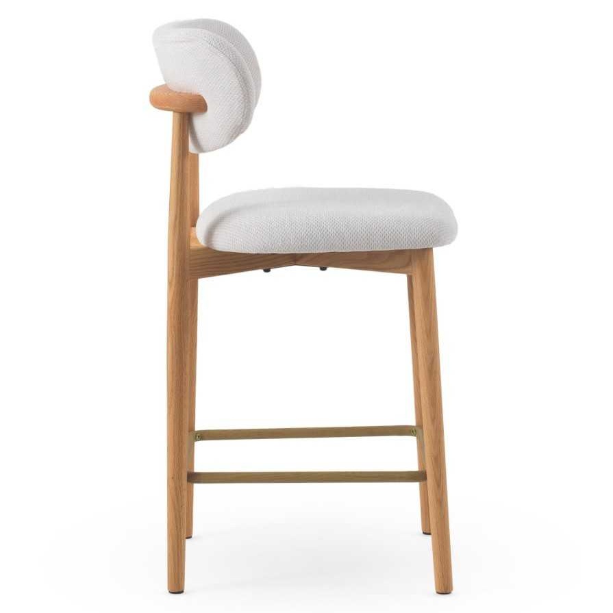 11681 Taburete alto de diseño nórdico madera de roble natural y tapizado blanco