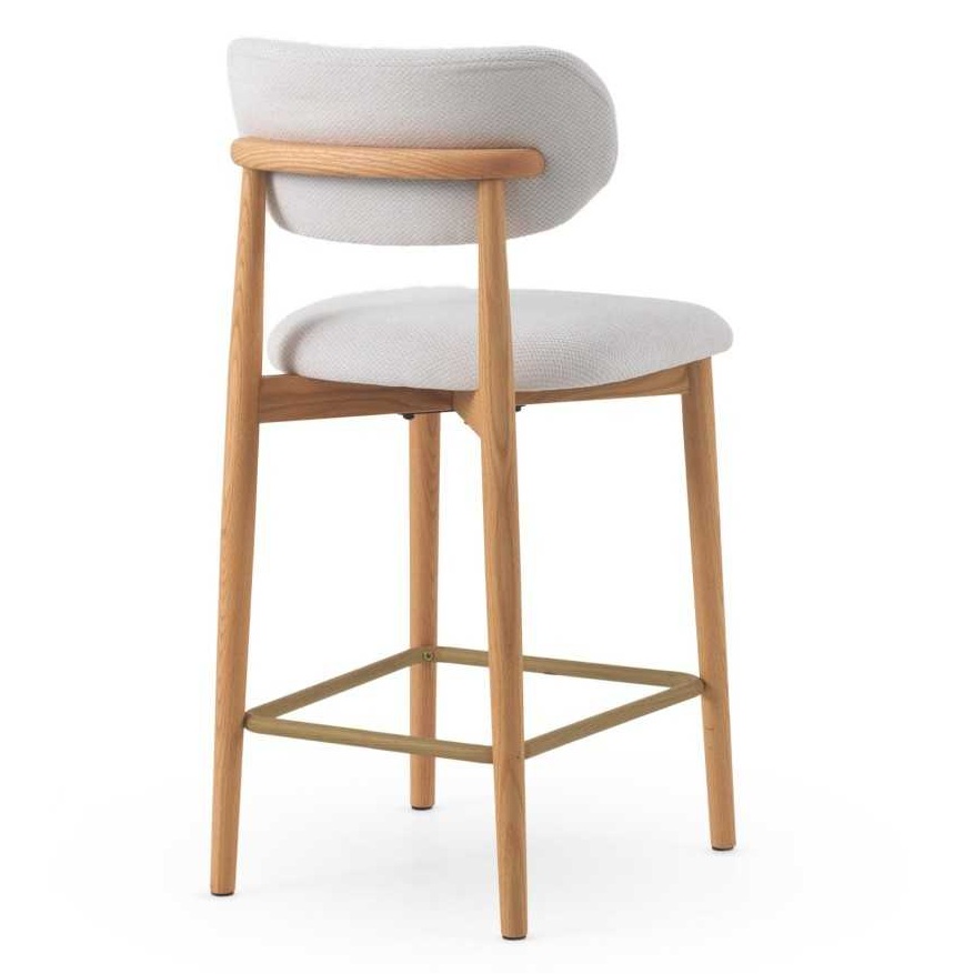 11681 Taburete alto de diseño nórdico madera de roble natural y tapizado blanco