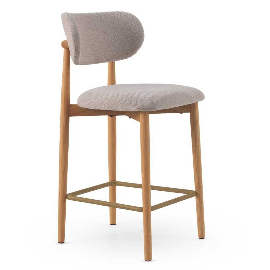 11682 Taburete alto de diseño nórdico madera de roble natural y tapizado topo