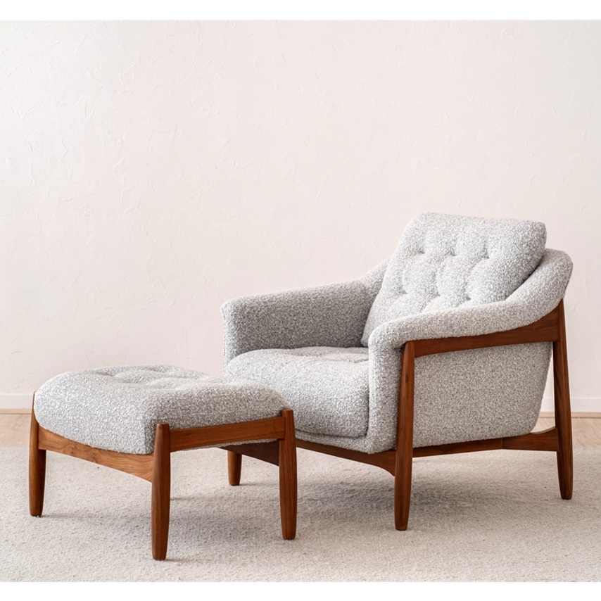 34A2589 Sillón butaca con reposapiés diseño moderno nogal y tapizado gris