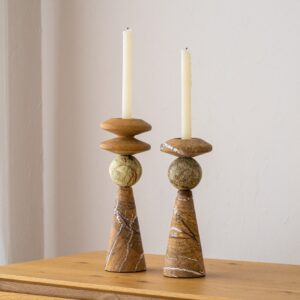 34K25502 Set de 2 candelabros diseño moderno CEIBE mármol tonos marrones y verdes