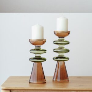 34PH25073 Set de 2 candelabros diseño moderno cristal ámbar y verde