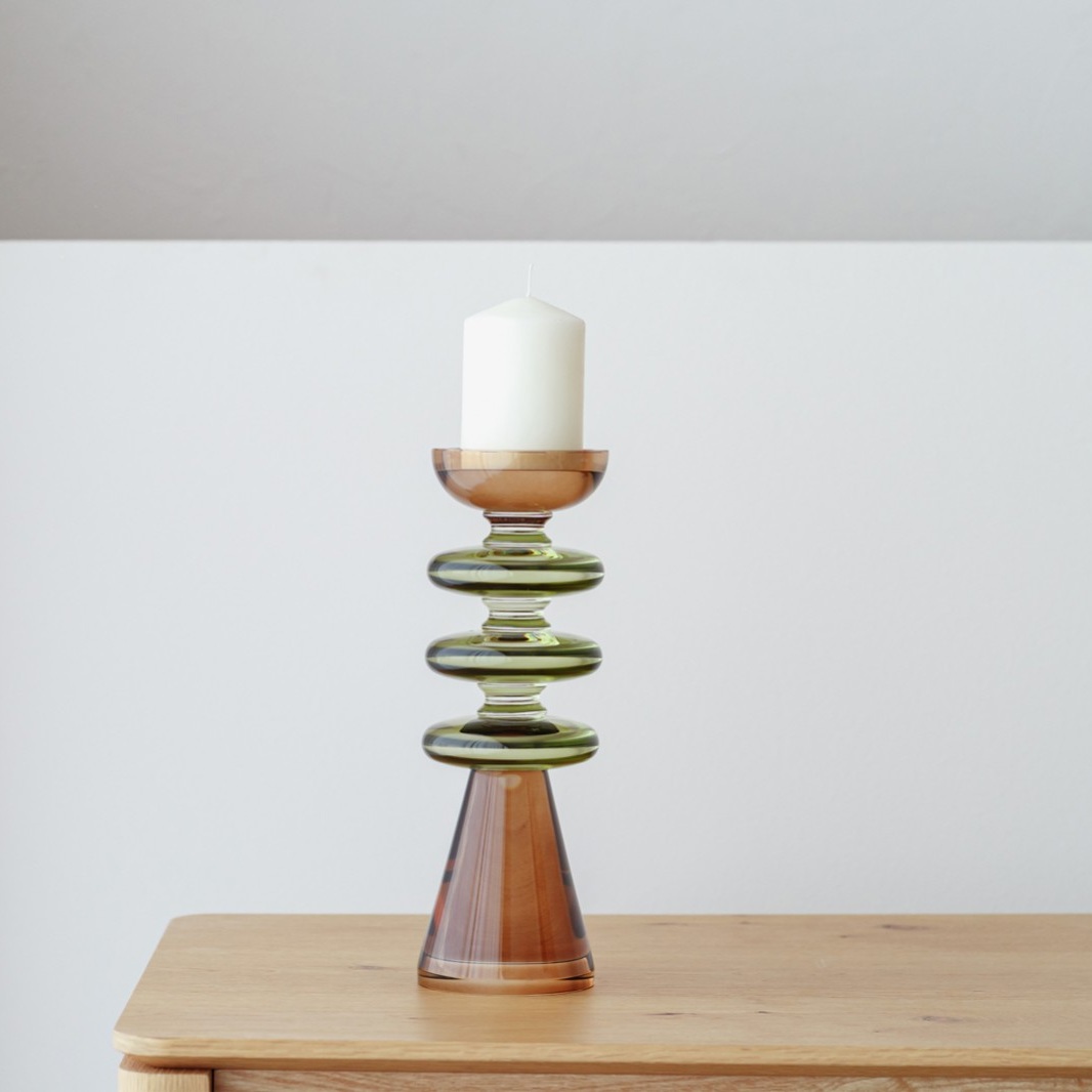 34PH25073 Set de 2 candelabros diseño moderno cristal ámbar y verde