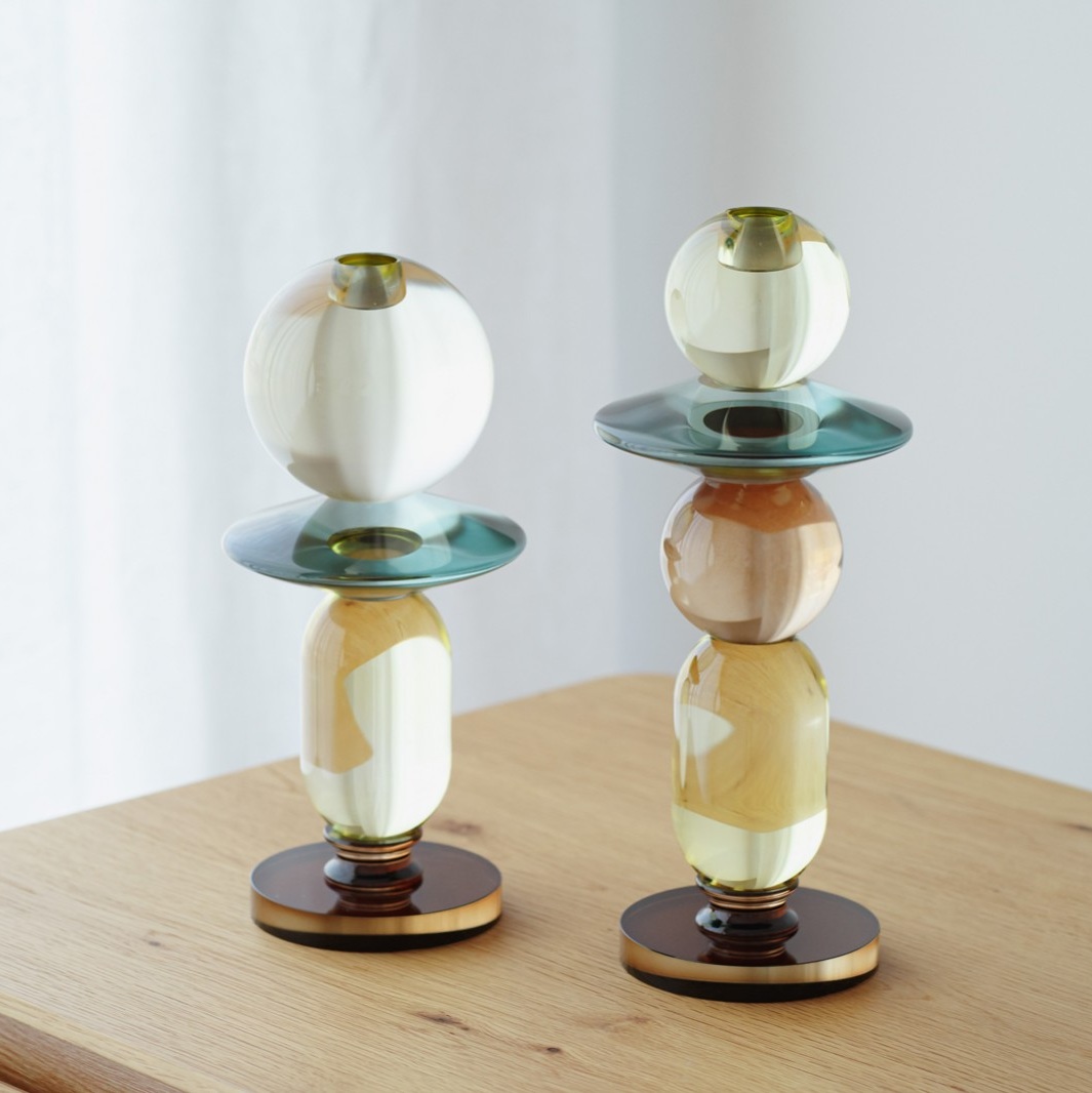 34PH25862 Set de 2 candelabros diseño moderno cristal ámbar, amarillo y verde