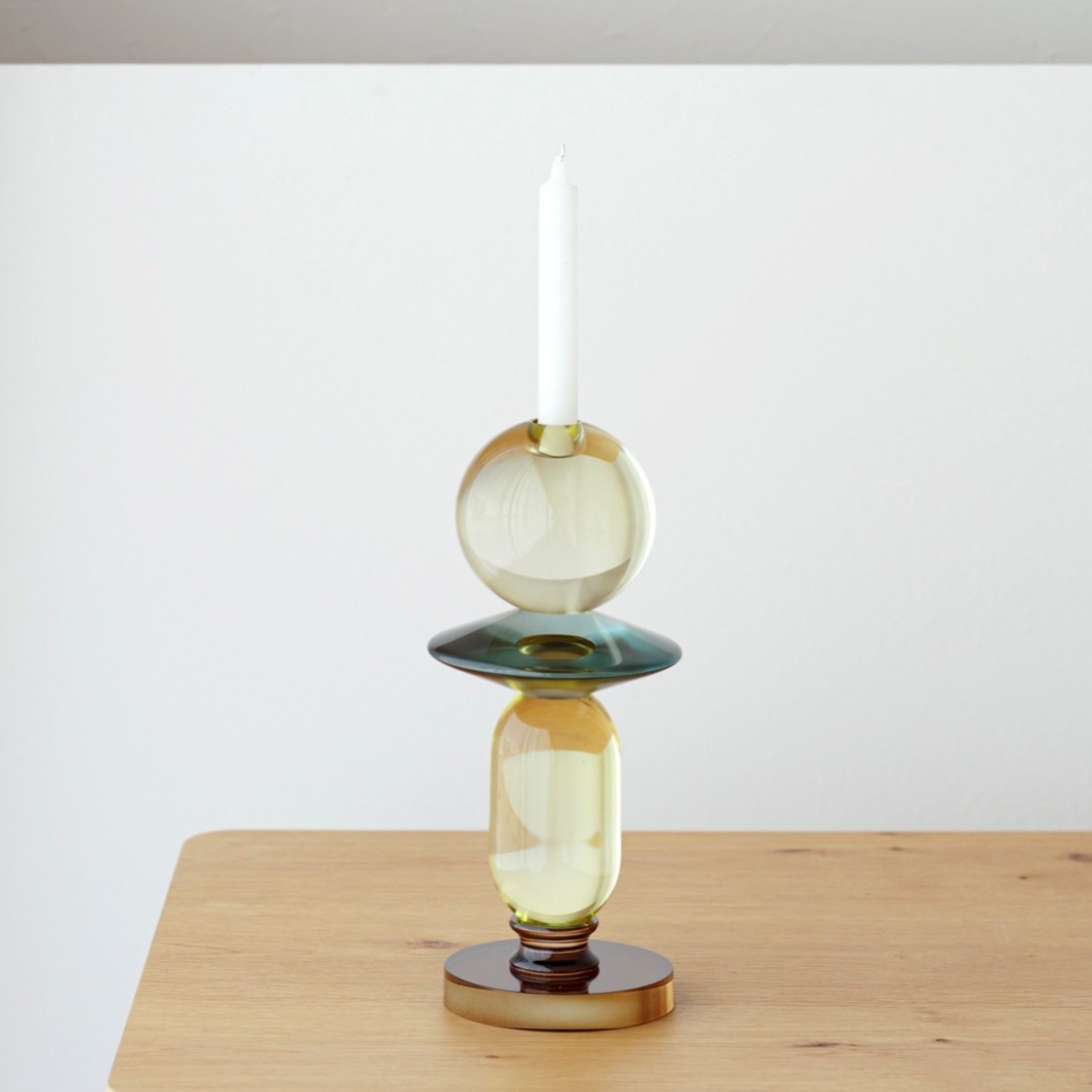 34PH25862 Set de 2 candelabros diseño moderno cristal ámbar, amarillo y verde