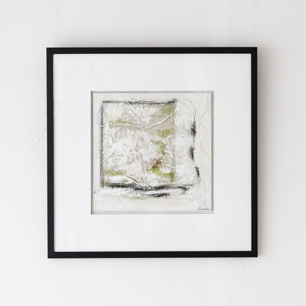 34SI25361 Cuadro abstracto ABSTRACCION EN LINO N1 tonos beige, gris y verde marco negro