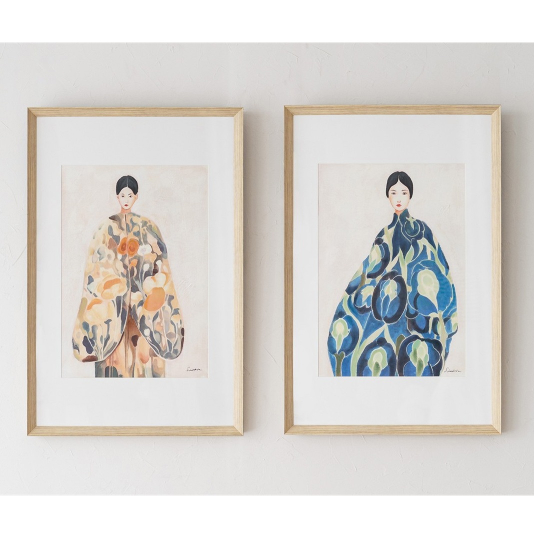 34SI25512 Cuadro abstracto MUJER ORIENTE N3 66x100 mujer tonos azul y verde marco madera