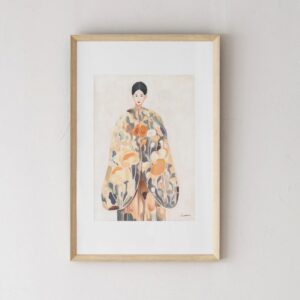 34SI25513 Cuadro abstracto MUJER ORIENTE N4 66x100 mujer tonos ocres, beige y gris marco madera