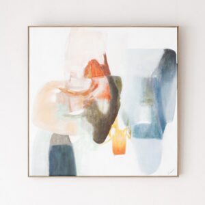 34SI25611 Cuadro abstracto ALEGRA N.6 100x100 tonos azul, verde y naranja con marco madera natural