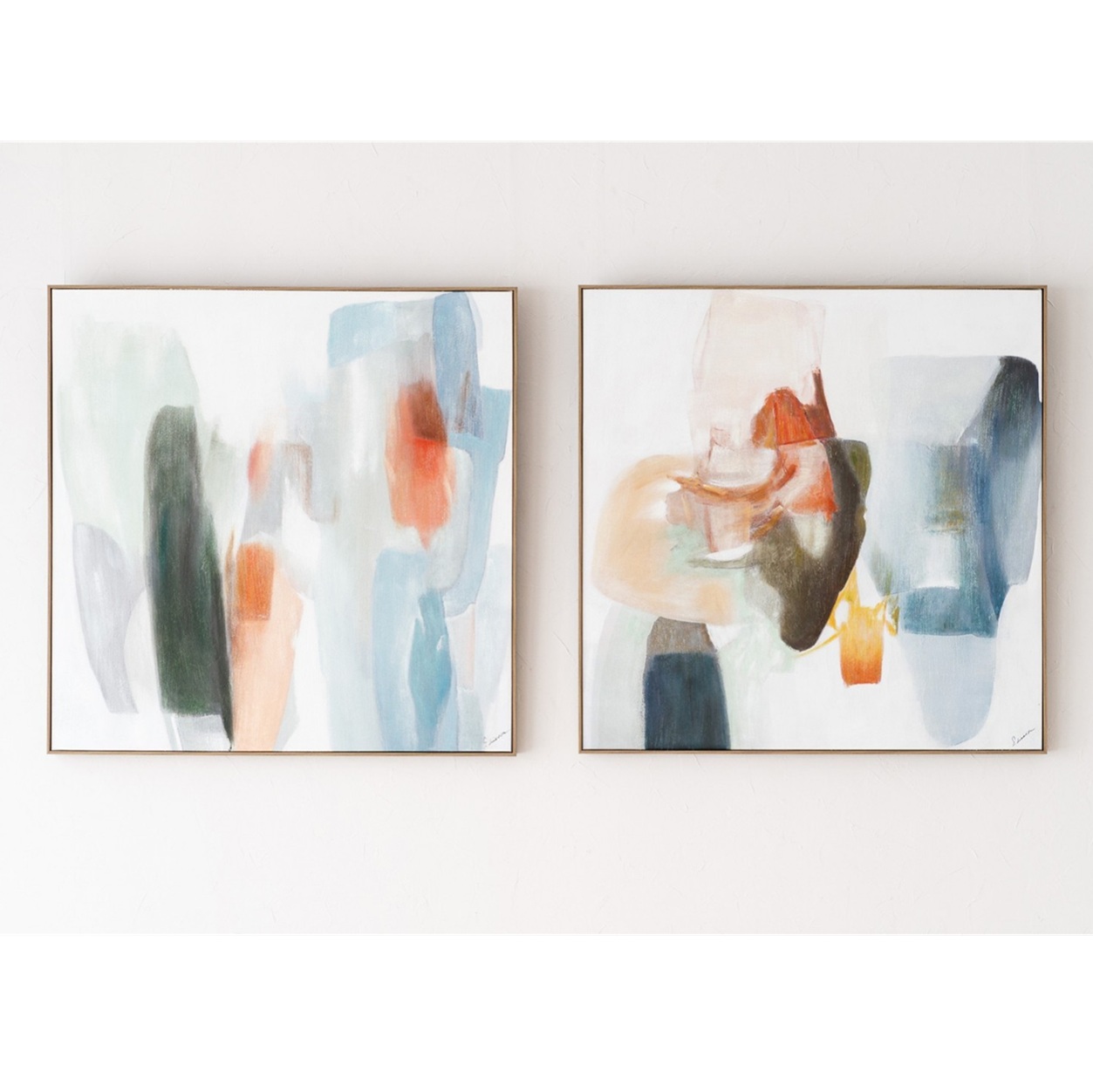 34SI25611 Cuadro abstracto ALEGRA N.6 100x100 tonos azul, verde y naranja con marco madera natural