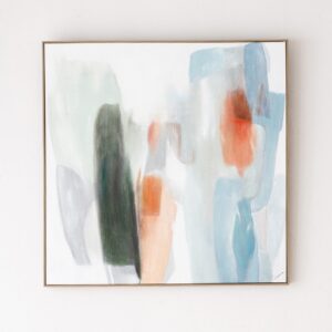 34SI25612 Cuadro abstracto ALEGRA N.7 100x100 tonos azul, verde y naranja con marco madera natural