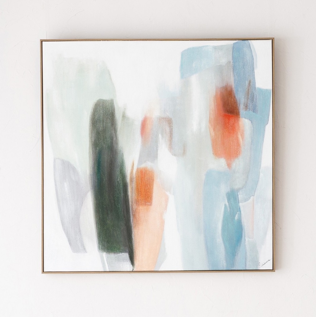 34SI25612 Cuadro abstracto ALEGRA N.7 100x100 tonos azul, verde y naranja con marco madera natural