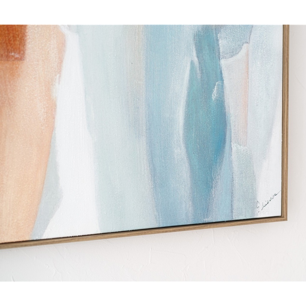 34SI25612 Cuadro abstracto ALEGRA N.7 100x100 tonos azul, verde y naranja con marco madera natural