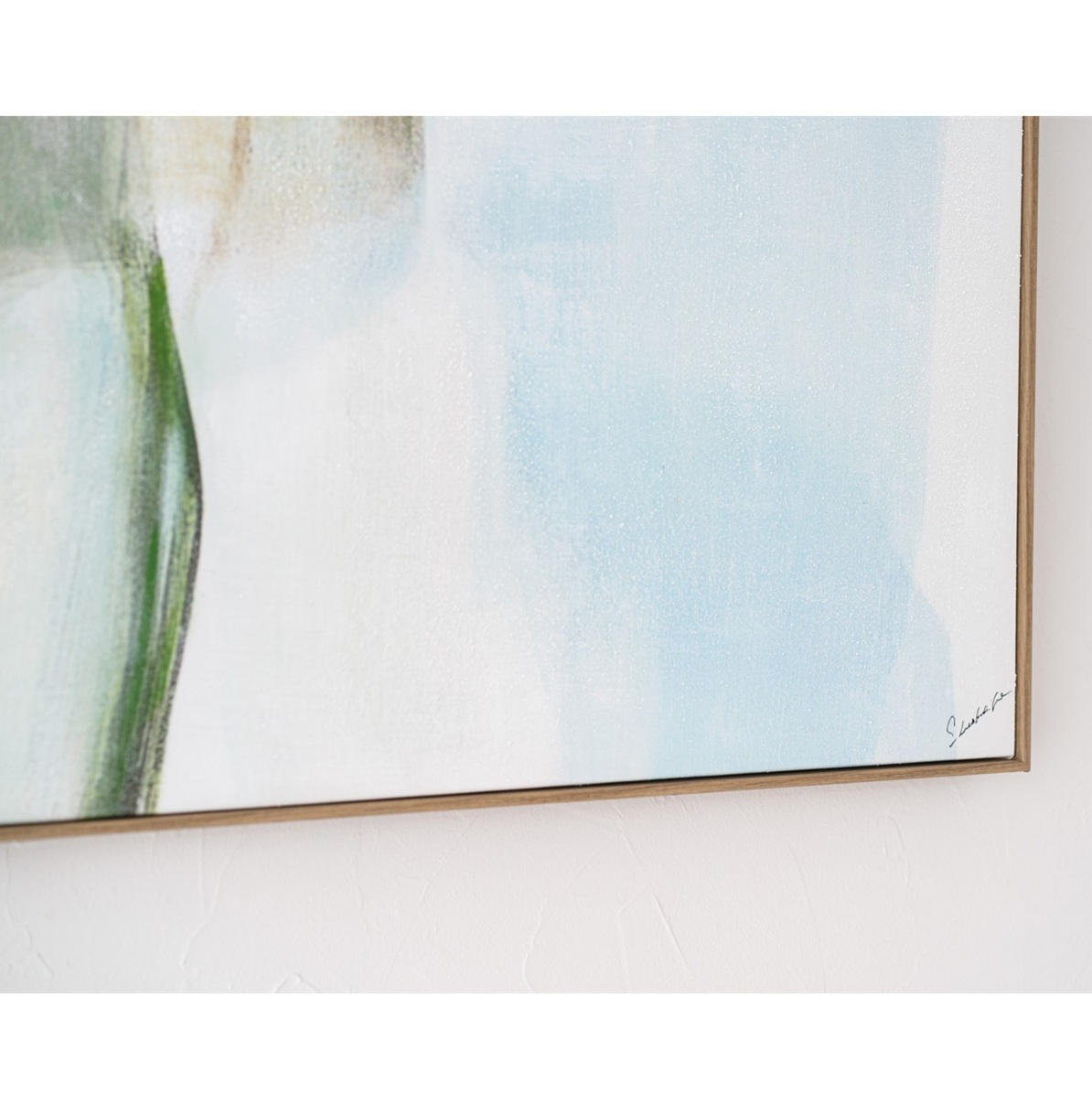 34SI25615 Cuadro abstracto ALEGRA N.5 150x90 tonos azul, verde y naranja con marco madera natural