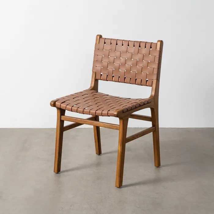 616012 Silla de diseño vintage madera de teka natural y piel marrón trenzada