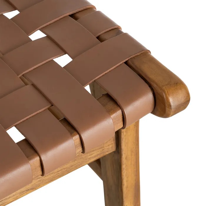 616012 Silla de diseño vintage madera de teka natural y piel marrón trenzada