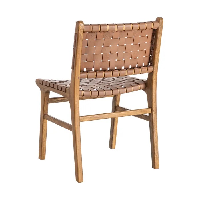 616012 Silla de diseño vintage madera de teka natural y piel marrón trenzada