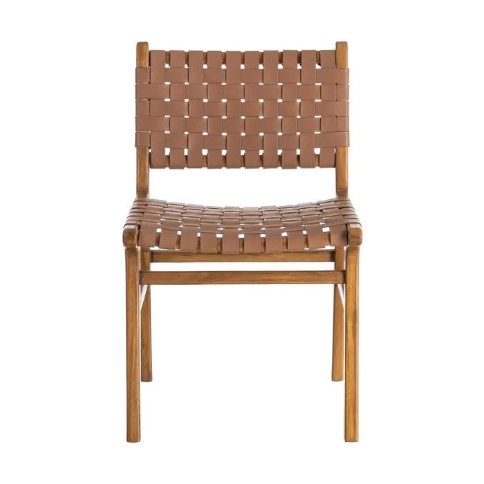 616012 Silla de diseño vintage madera de teka natural y piel marrón trenzada