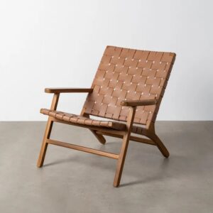 616013 Sillón butaca con reposabrazos diseño vintage madera de teka natural y piel marrón trenzada