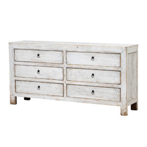 BK051 Cómoda de diseño rústico oriental 180 madera de pino acabado blanco envejecido