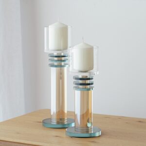 34PH25335 Set de 2 candelabros diseño moderno cristal champagne y azul turquesa